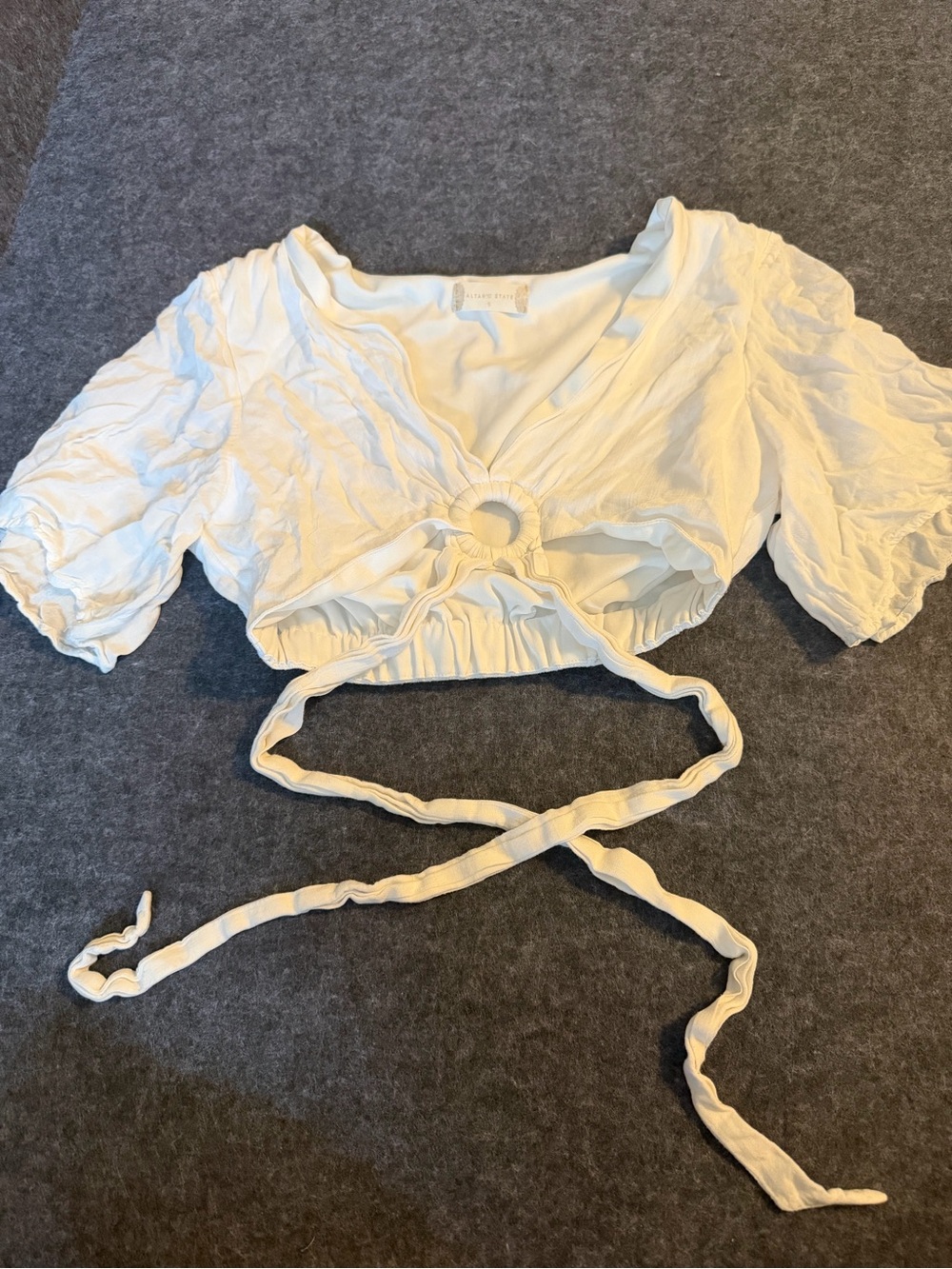 Altar'd State White Ring-Front Wrap Crop Top with Puff Sleeves